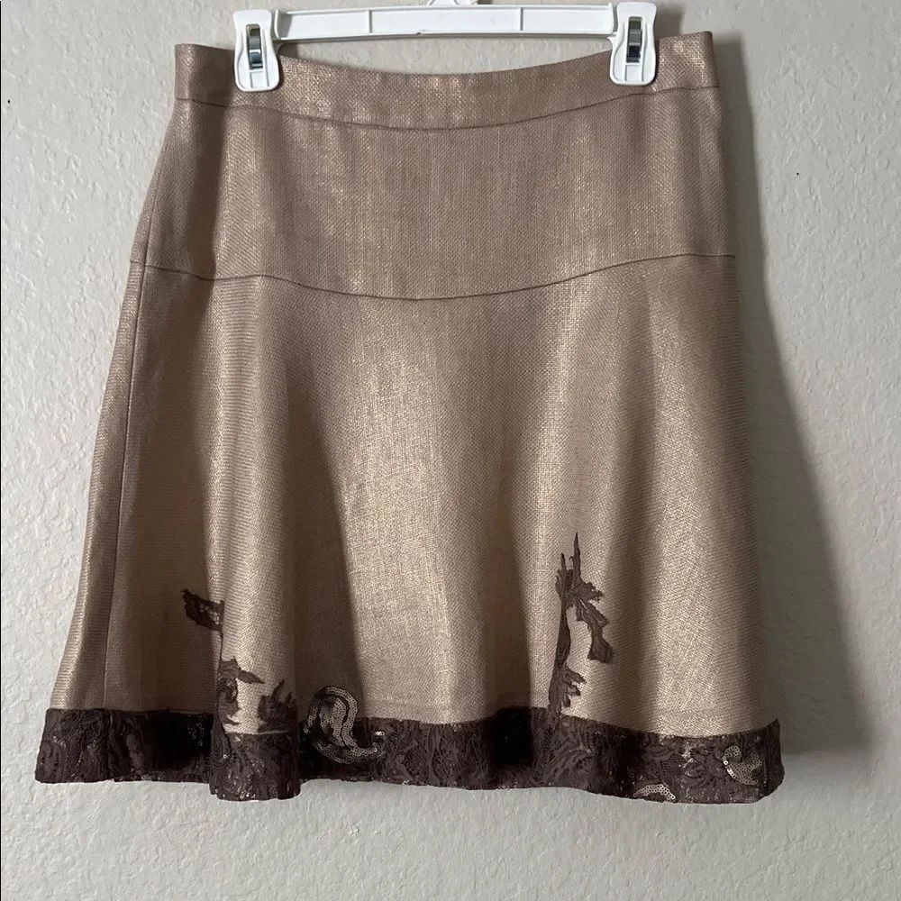 Banana Republic Vintage Linen A-Line Metallic Taupe Skirt Brown Lace Trim 8